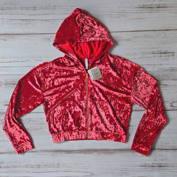 Fabletics Long Sleeve Velour Zip Up Hoodie, Strawberry Red, Sz S, New - Picture 1 of 5